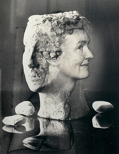 Elza with stone head of Anne.  Photo collage: Ken McAllister.